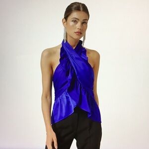LINE & DOT Tara Satin Blue Halter Neck Ruffle Peplum Hem Wrap Going Out Top S